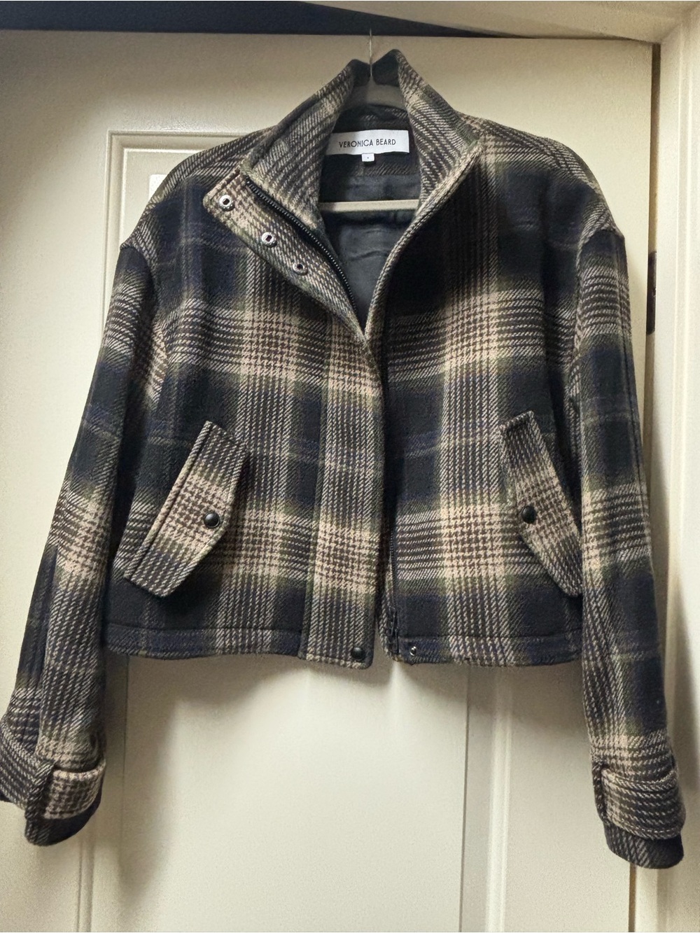 Veronica Beard Black and Cream Plaid Wool Pea Coat